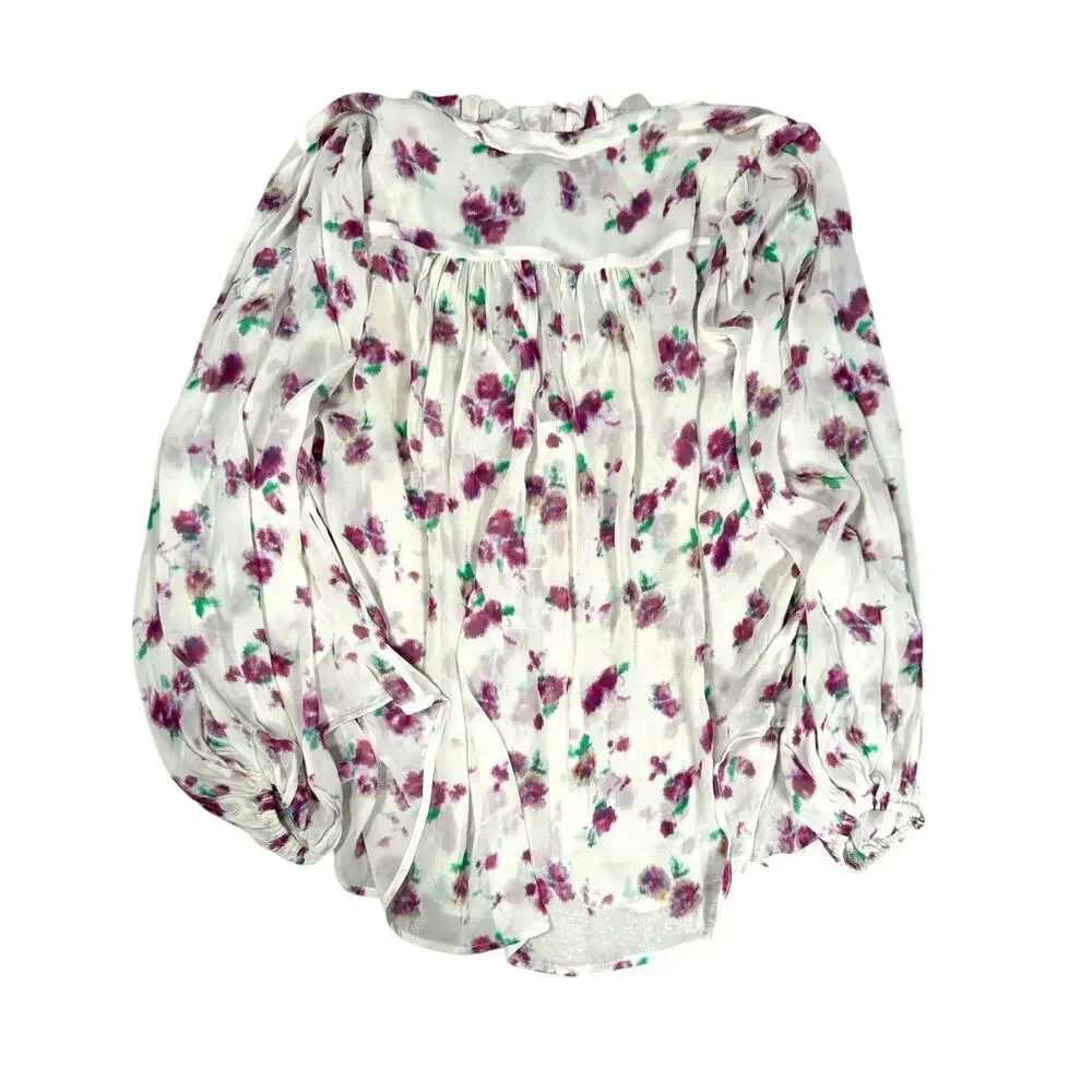 Anthropologie The Estela Blouse M Sheer Floral Printed Boho V-Neck Top Peasant